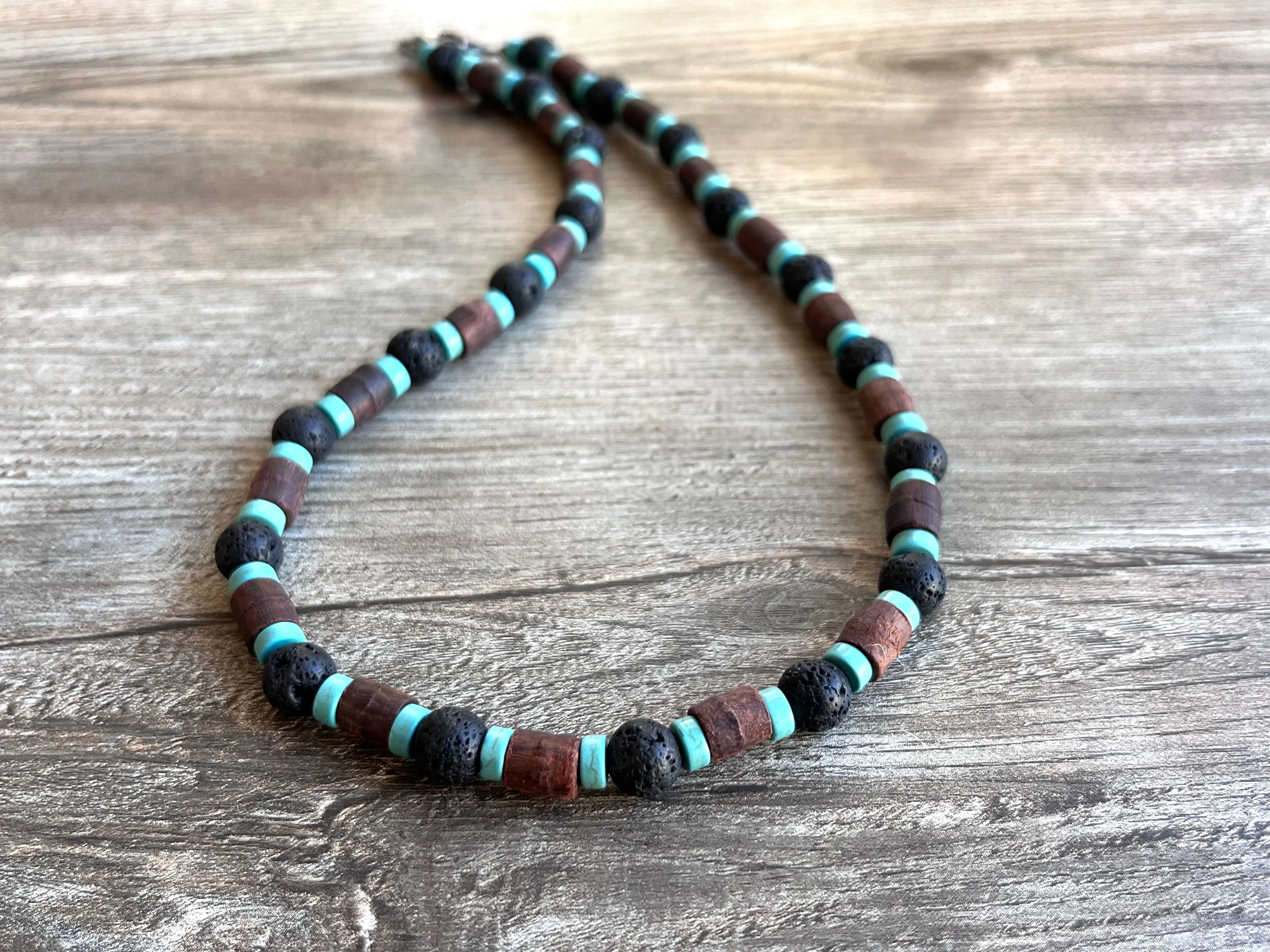 Outer Banks TV Show Pope Wood Turquoise Lava Rock Mens Beaded Surfer Necklace - Rocky