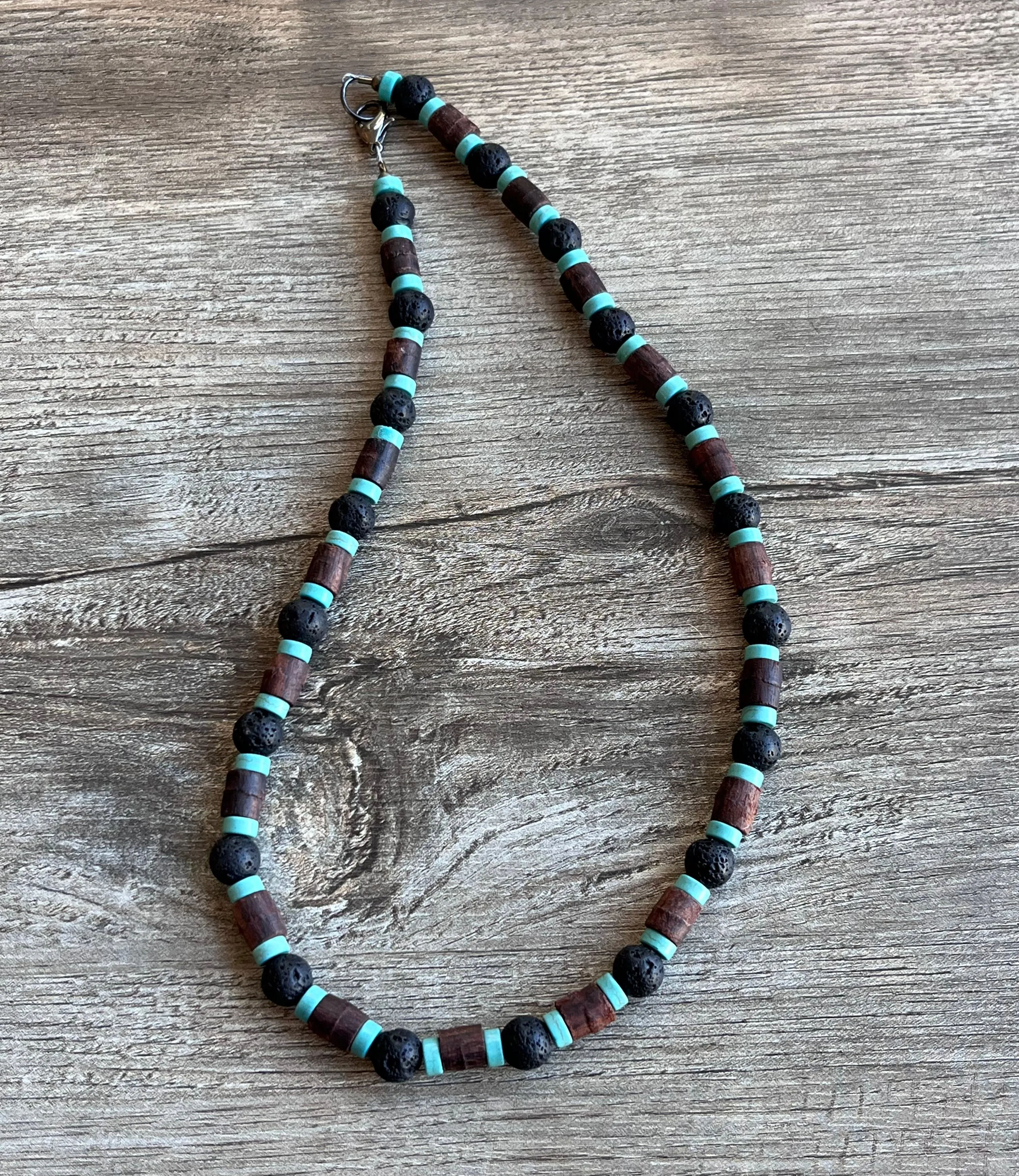 Outer Banks TV Show Pope Wood Turquoise Lava Rock Mens Beaded Surfer Necklace - Rocky