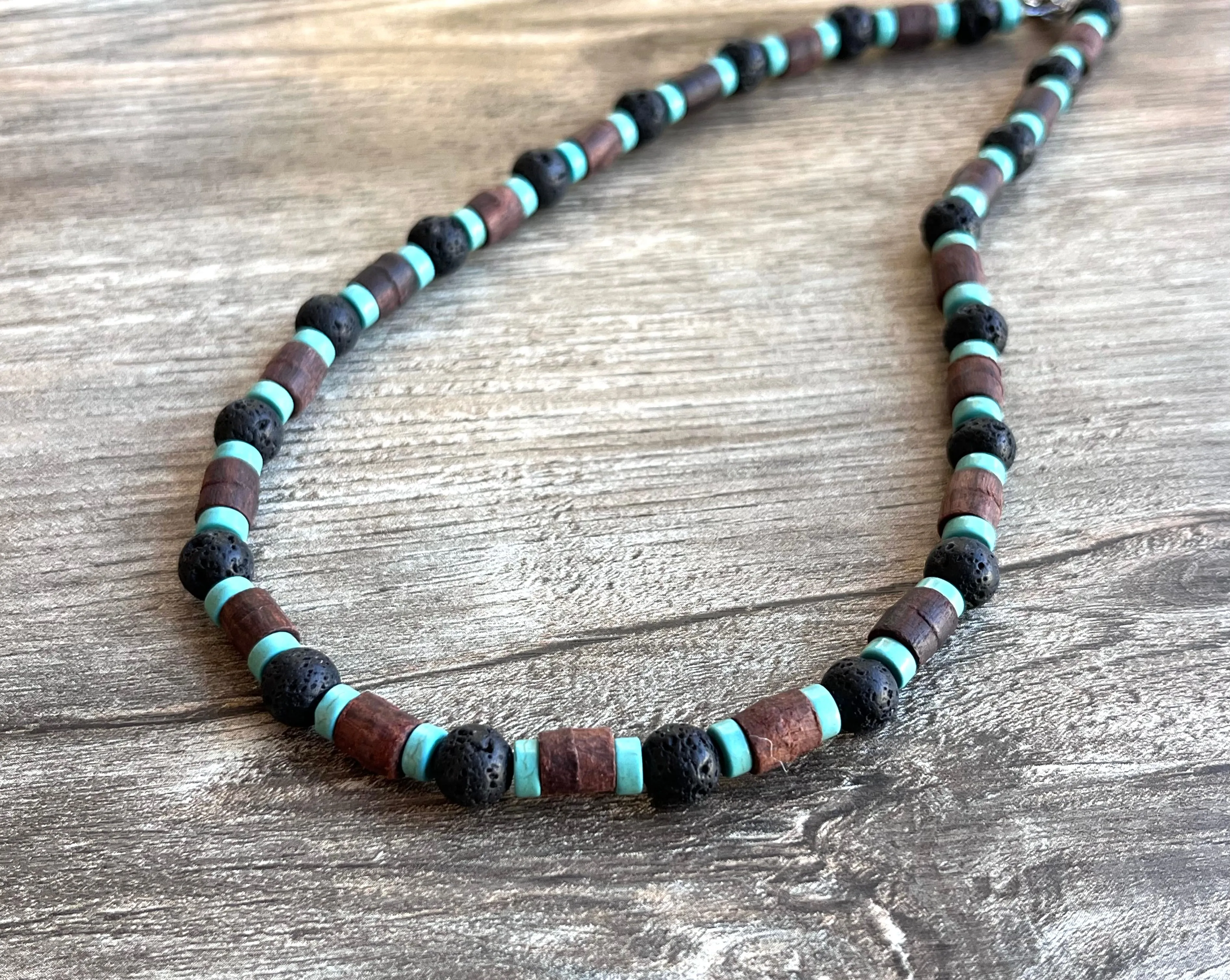 Outer Banks TV Show Pope Wood Turquoise Lava Rock Mens Beaded Surfer Necklace - Rocky