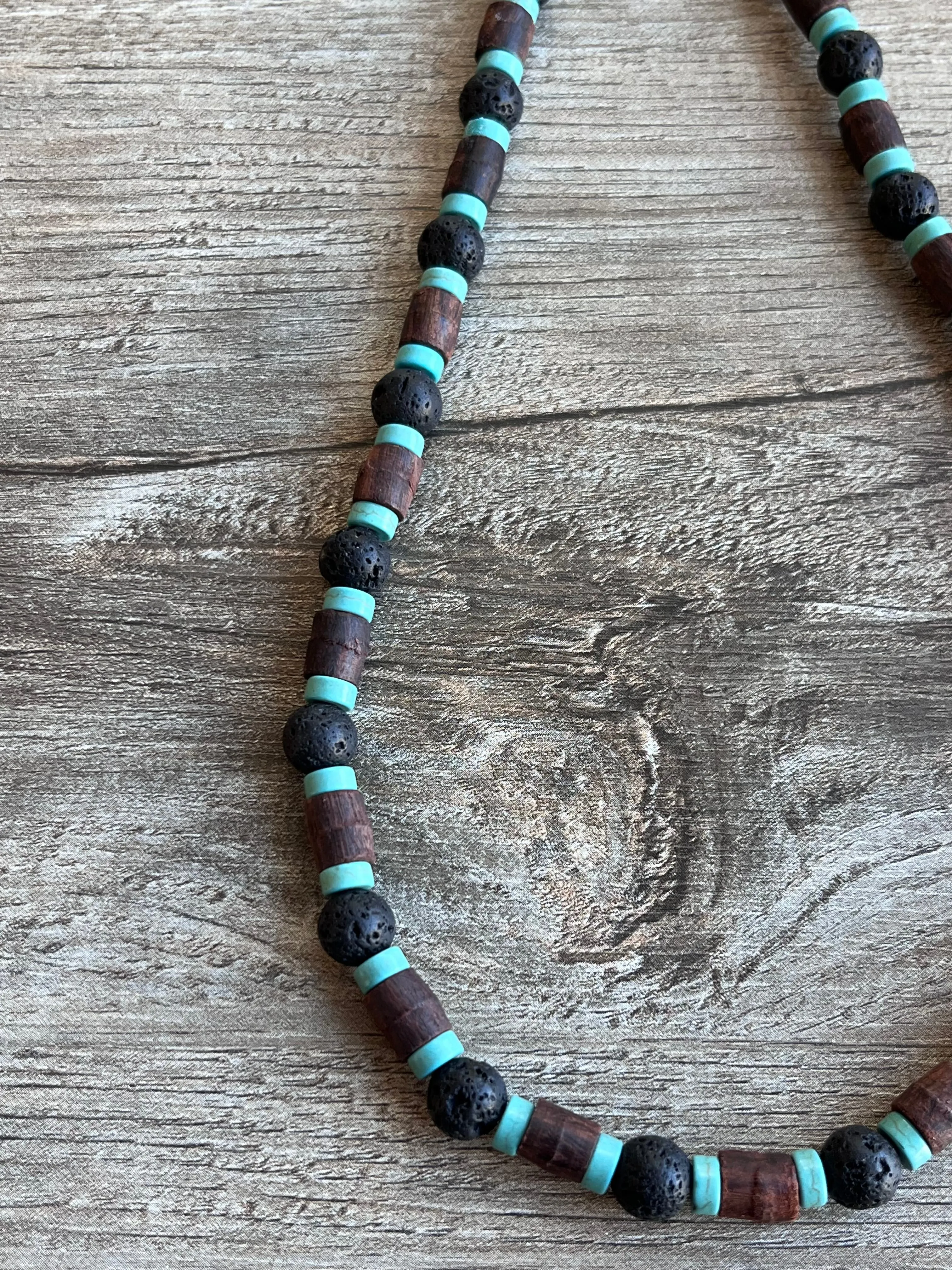 Outer Banks TV Show Pope Wood Turquoise Lava Rock Mens Beaded Surfer Necklace - Rocky