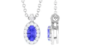 Oval Shape Tanzanite Diamond Halo Pendant Necklace