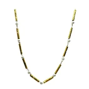 Pearl: Gold Fill 'Hammered Bars' and Pearl Necklace (NG4830)