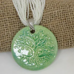 Pearl White Necklace with Claycult Tree of Life Green Pendant