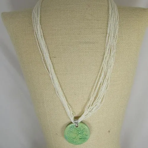 Pearl White Necklace with Claycult Tree of Life Green Pendant