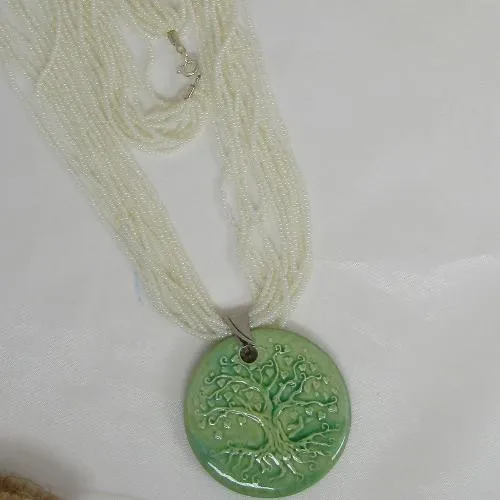 Pearl White Necklace with Claycult Tree of Life Green Pendant