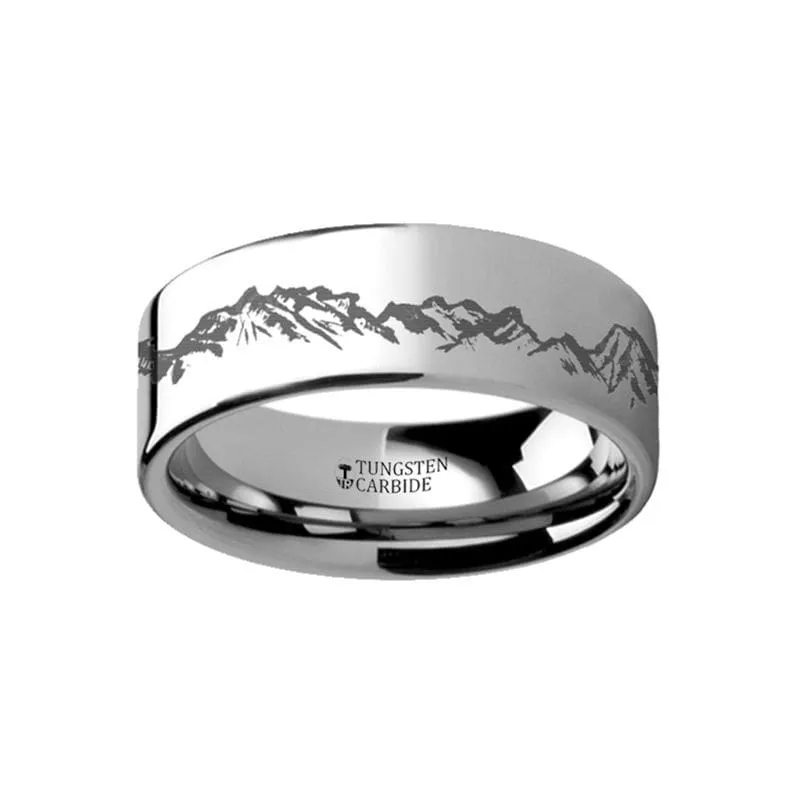 PERU Mountain Range Outdoors Ring Engraved Flat Tungsten Ring - 4mm - 12mm