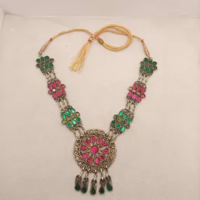 Pink and Green Glass Stones Pendant Necklace, Tribal Kuchi Long Pendant Necklace With Tassels