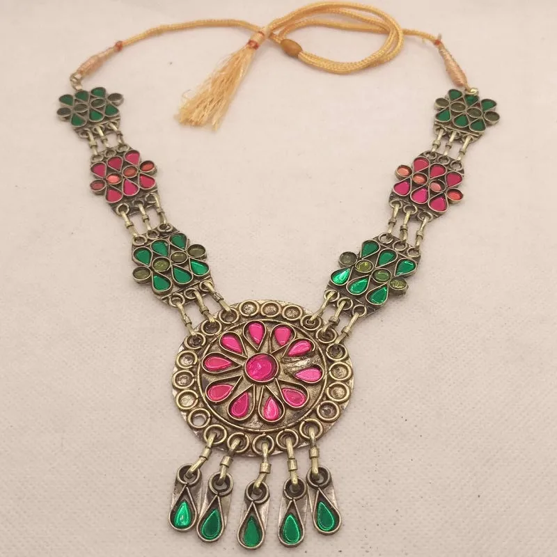 Pink and Green Glass Stones Pendant Necklace, Tribal Kuchi Long Pendant Necklace With Tassels