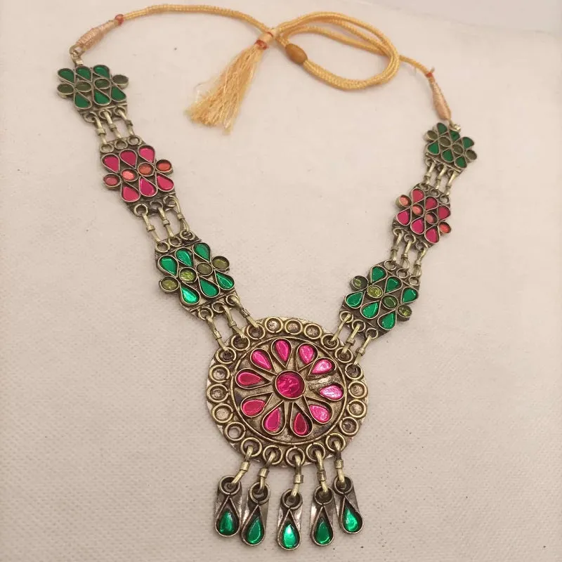 Pink and Green Glass Stones Pendant Necklace, Tribal Kuchi Long Pendant Necklace With Tassels