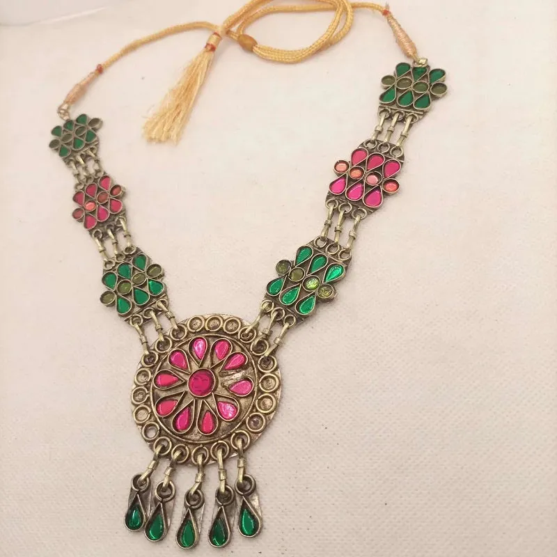 Pink and Green Glass Stones Pendant Necklace, Tribal Kuchi Long Pendant Necklace With Tassels