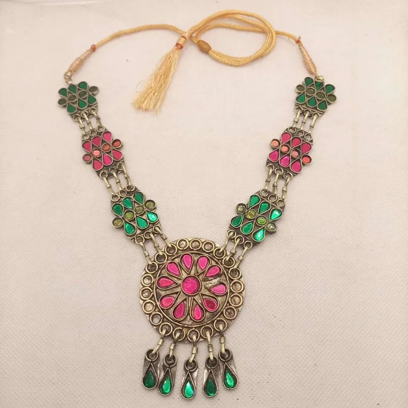 Pink and Green Glass Stones Pendant Necklace, Tribal Kuchi Long Pendant Necklace With Tassels