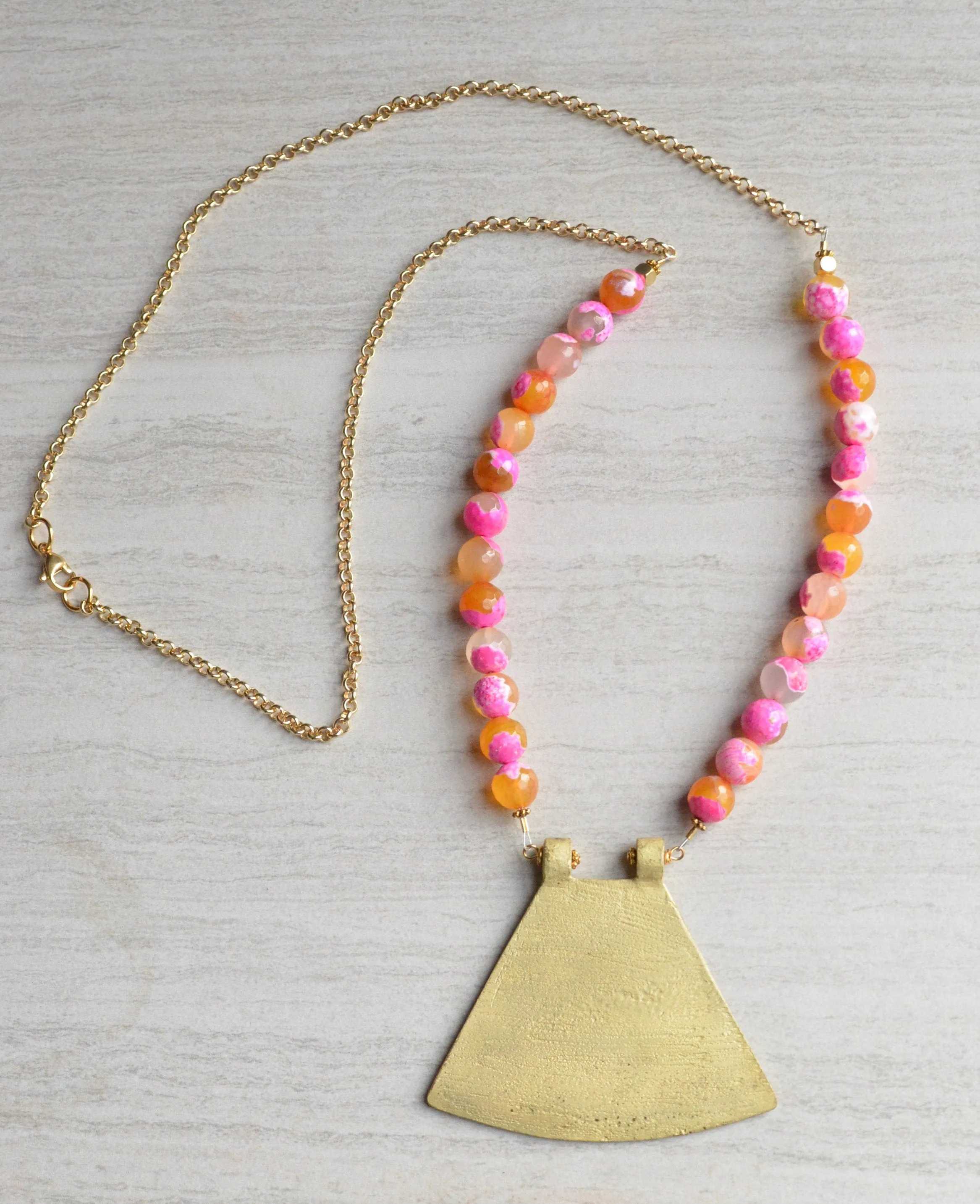 Pink Statement Necklace, Orange Bead Necklace, Agate Necklace, Gold Pendant Necklace - Ultimo