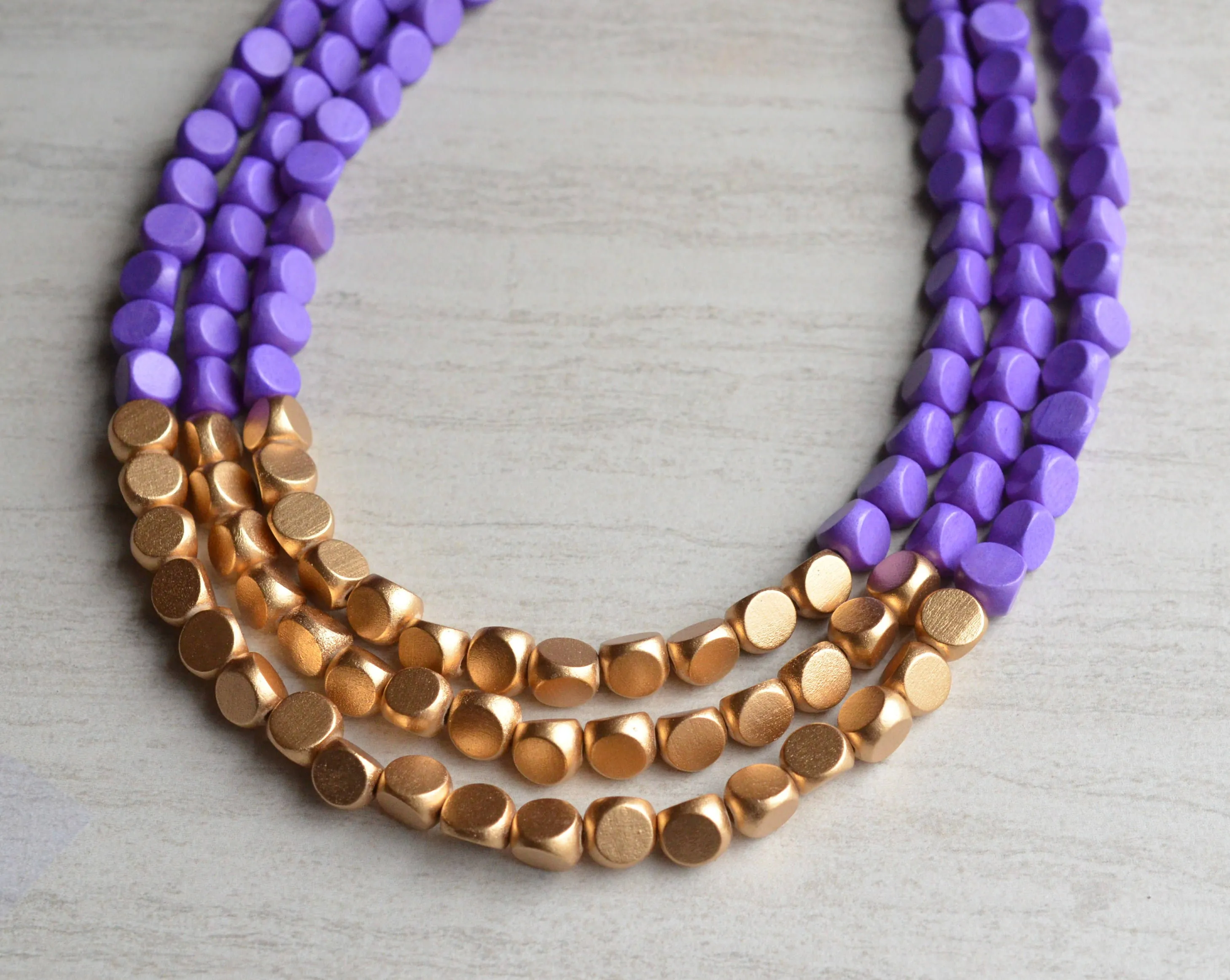 Purple Gold Beaded Necklace, Statement Necklace, Wood Bead Necklace, Gifts For Women - Lisa