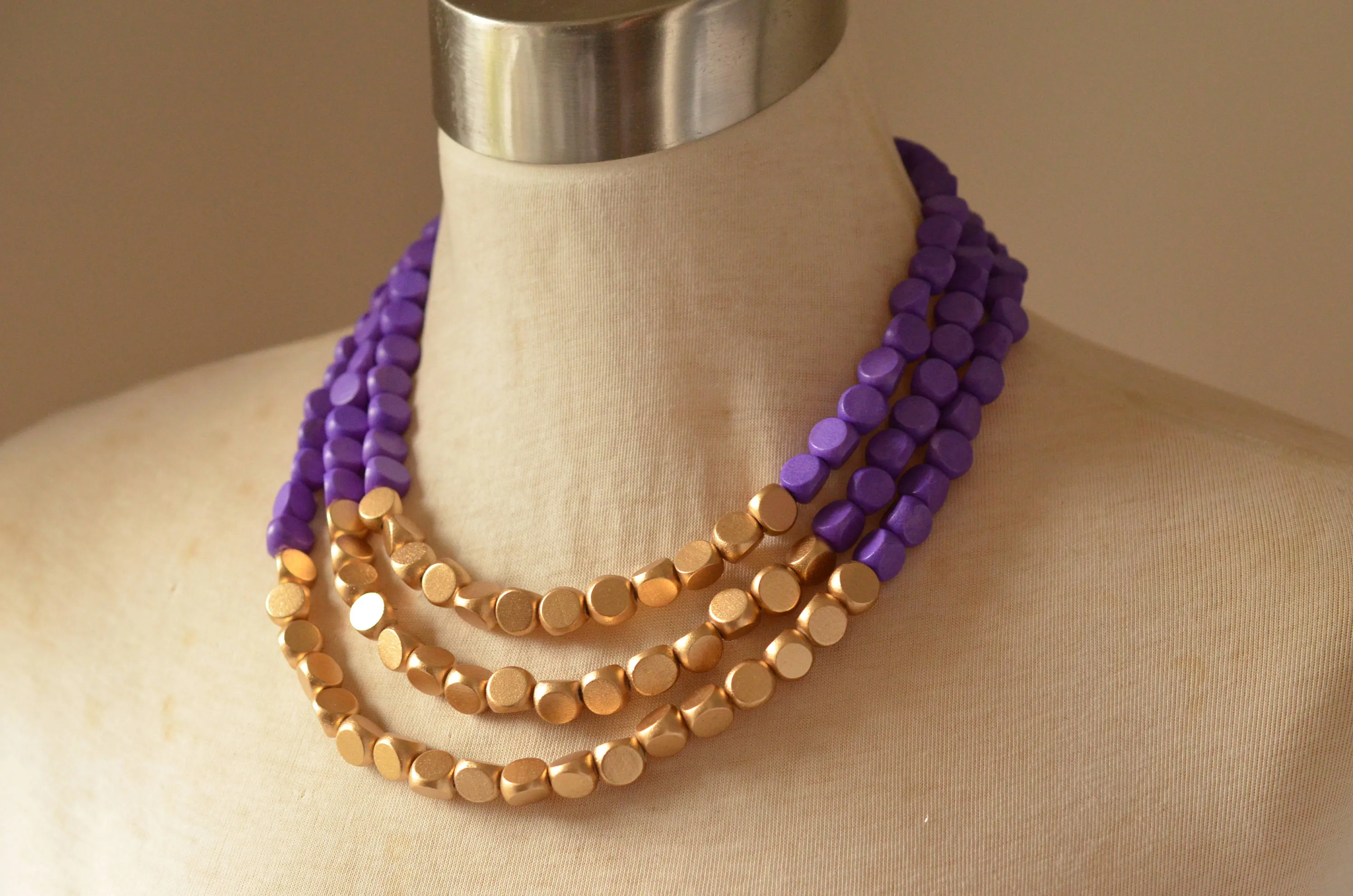 Purple Gold Beaded Necklace, Statement Necklace, Wood Bead Necklace, Gifts For Women - Lisa