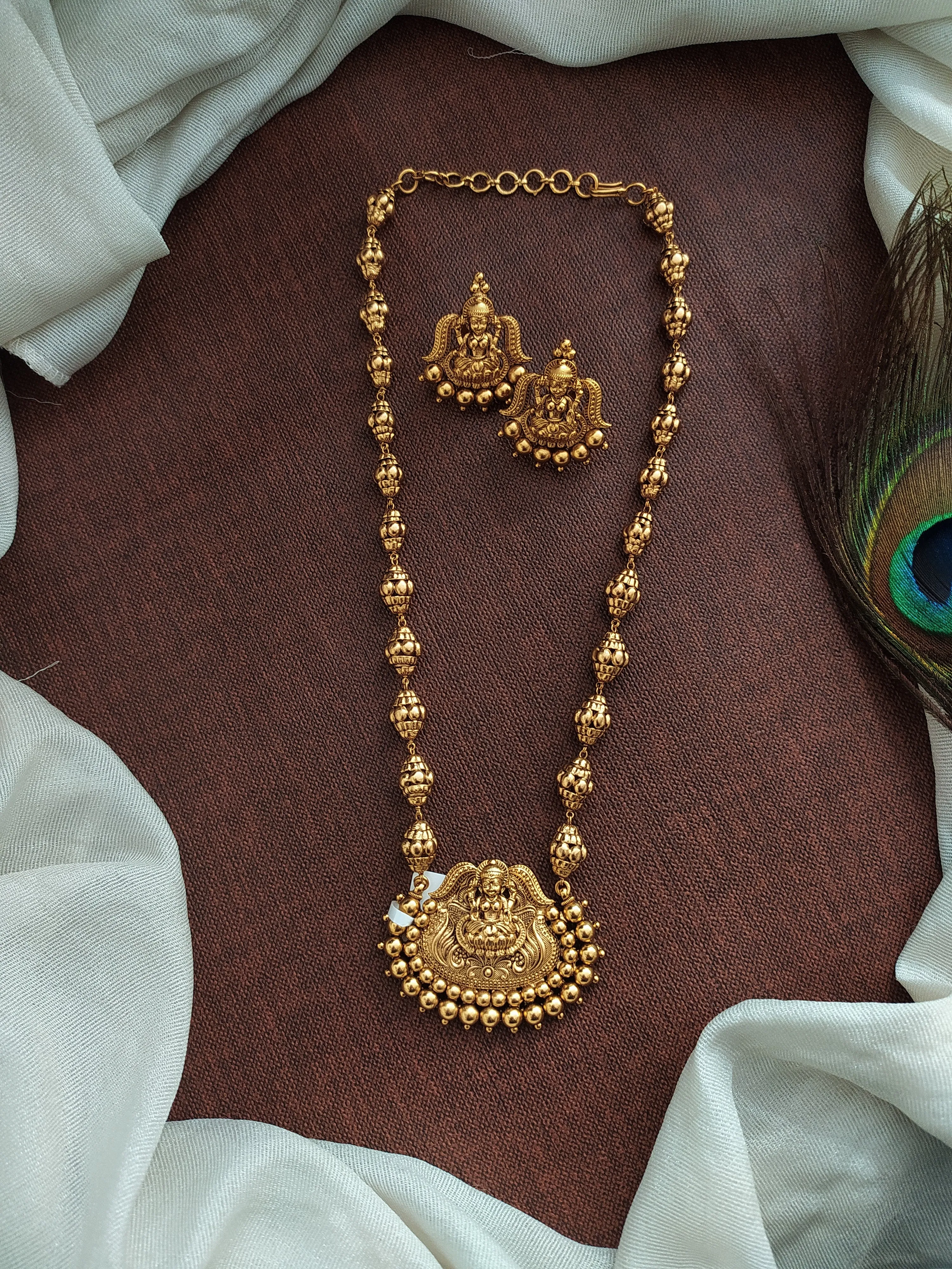 "Antique Lakshmi Mala Set with Matching Studs - Real Gold Replica Design"