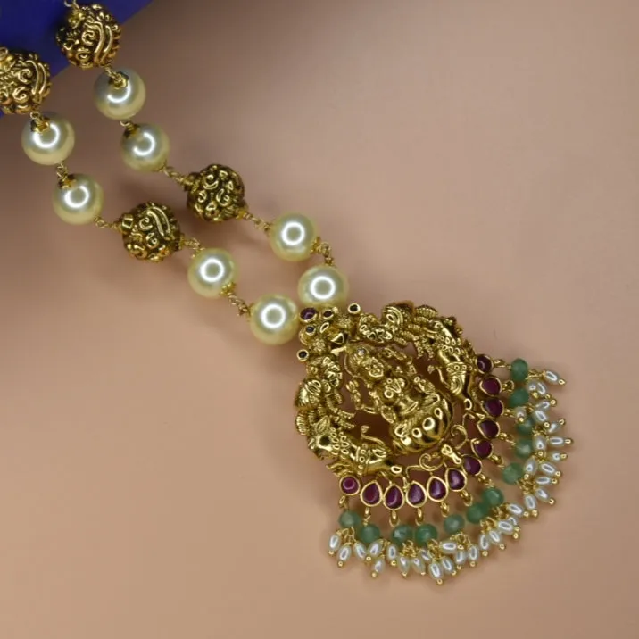 "Divine Elegance: Nagas Goddess Lakshmi Pendant Adorned with Pearl Chain"