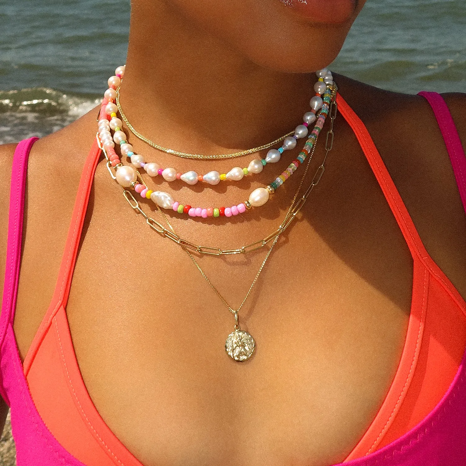 Rainbow Pearl Necklace | Gold