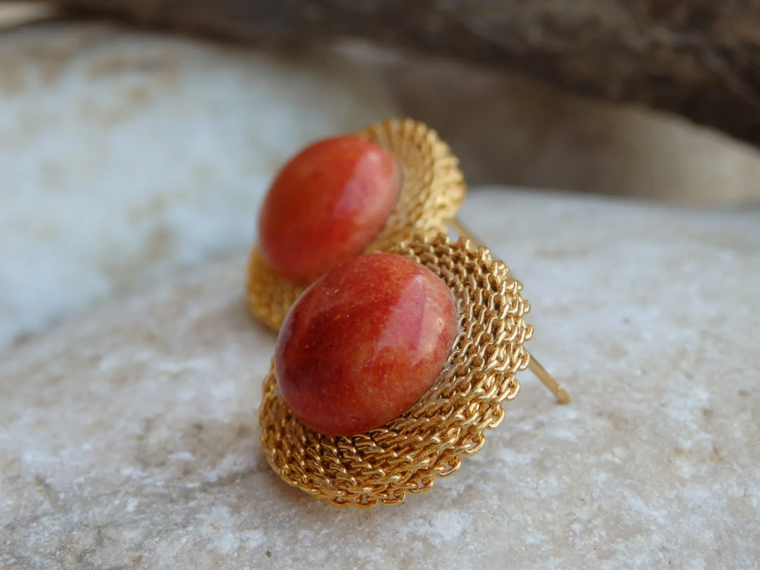 Red coral stud earrings