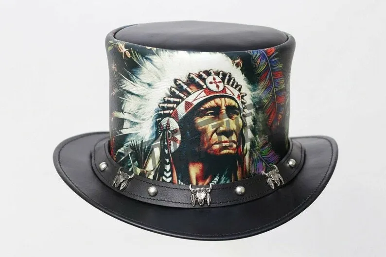 Red Indian Feather Head Native American Snaps Band Leather Western Top Hat Chief