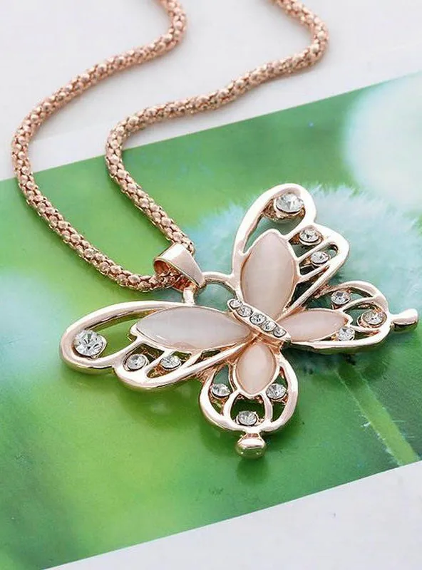 Rose Gold Acrylic Crystal 4CM Big Butterfly Pendant Necklace