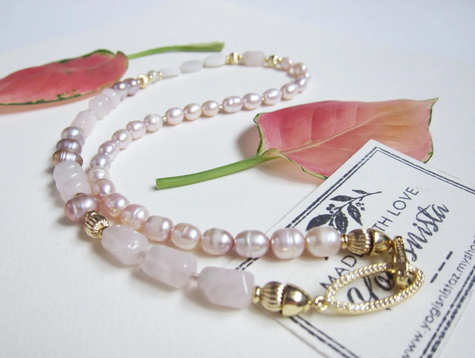 Rose Quartz and Blush Pink Pearl Gemstone Necklace - Love, Fertility, Protection