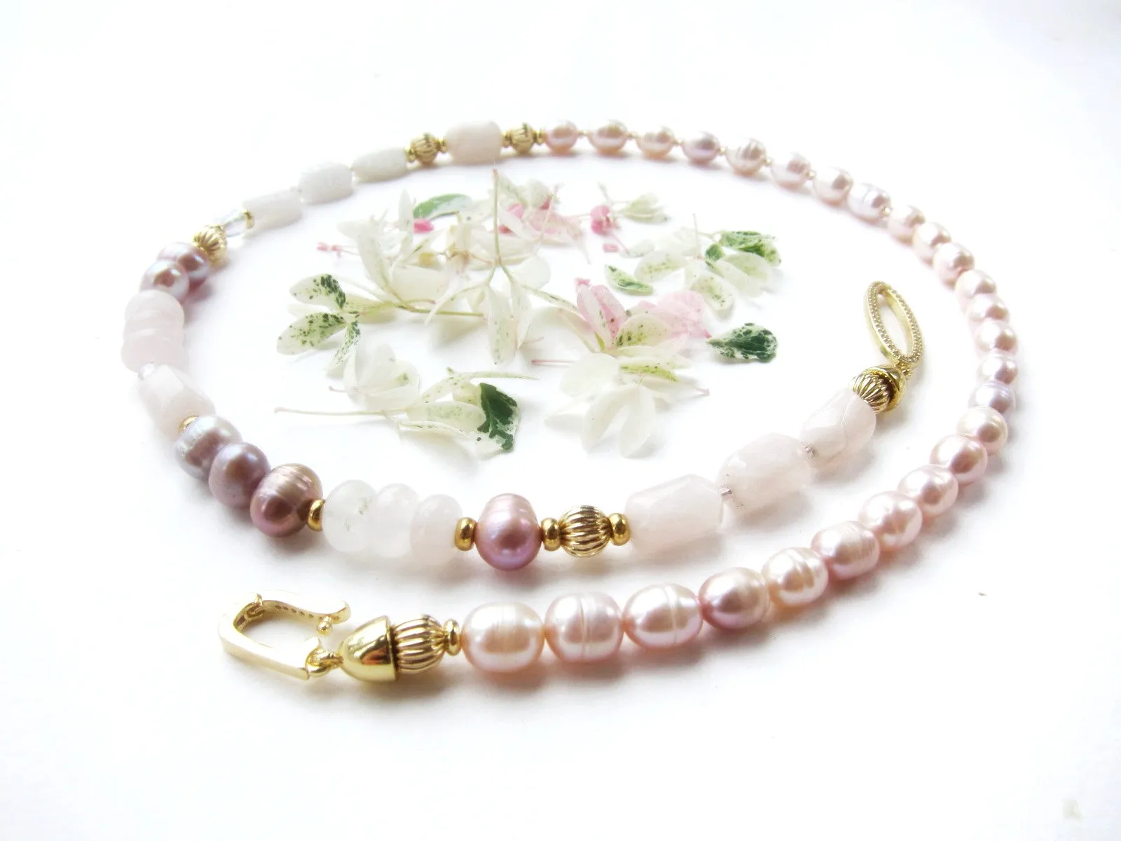 Rose Quartz and Blush Pink Pearl Gemstone Necklace - Love, Fertility, Protection