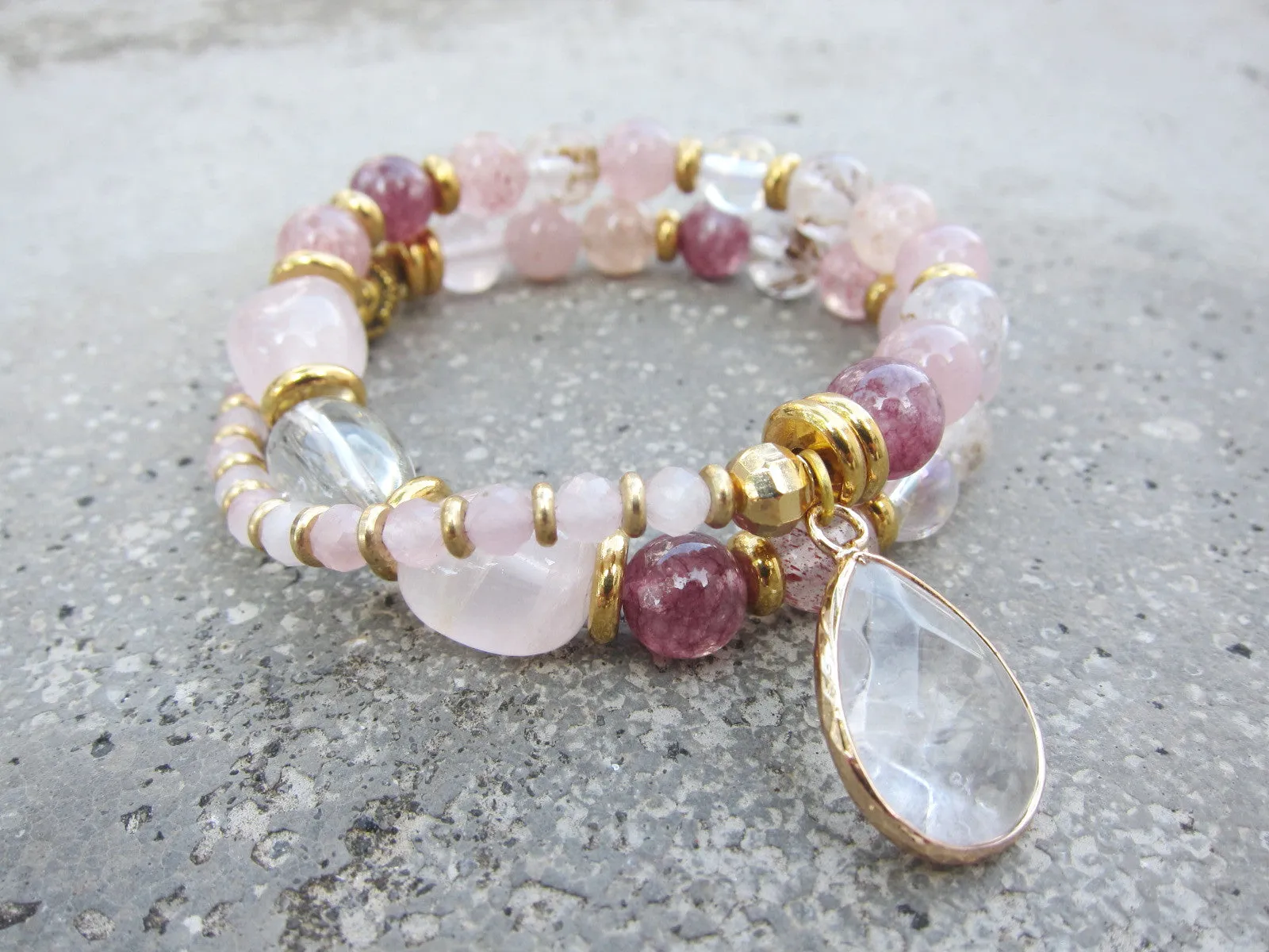 Rose Quartz - Love Mala Bracelet in clear Quartz Charm - Fertility Bracelet