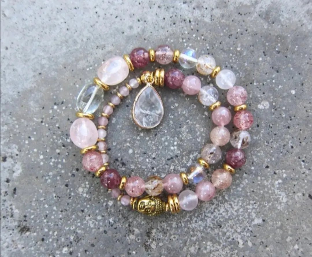 Rose Quartz - Love Mala Bracelet in clear Quartz Charm - Fertility Bracelet