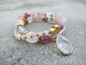 Rose Quartz - Love Mala Bracelet in clear Quartz Charm - Fertility Bracelet