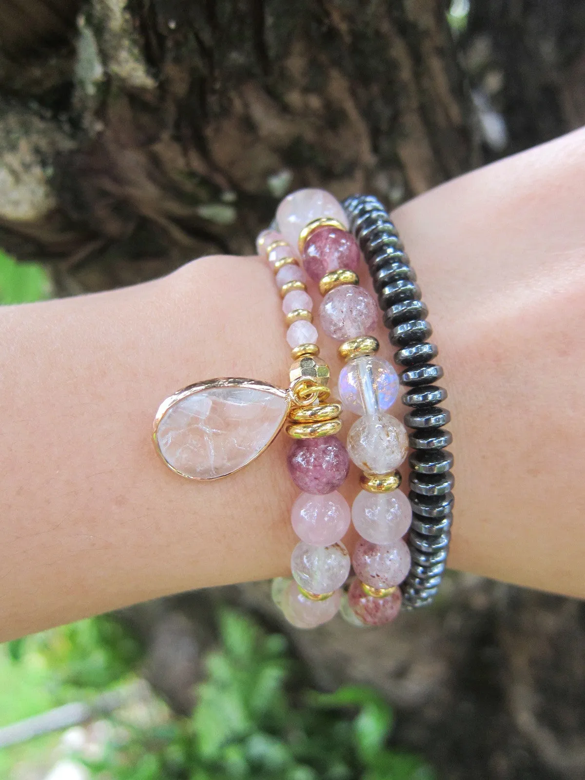 Rose Quartz - Love Mala Bracelet in clear Quartz Charm - Fertility Bracelet