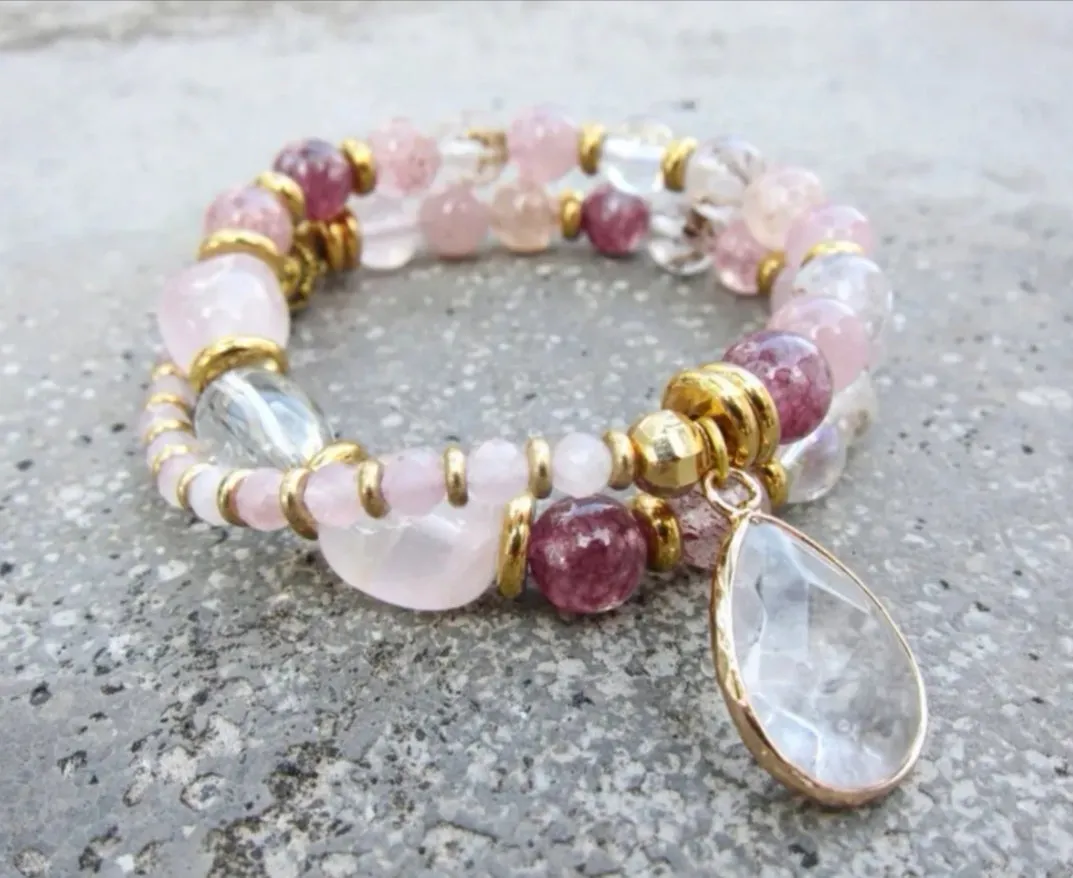 Rose Quartz - Love Mala Bracelet in clear Quartz Charm - Fertility Bracelet