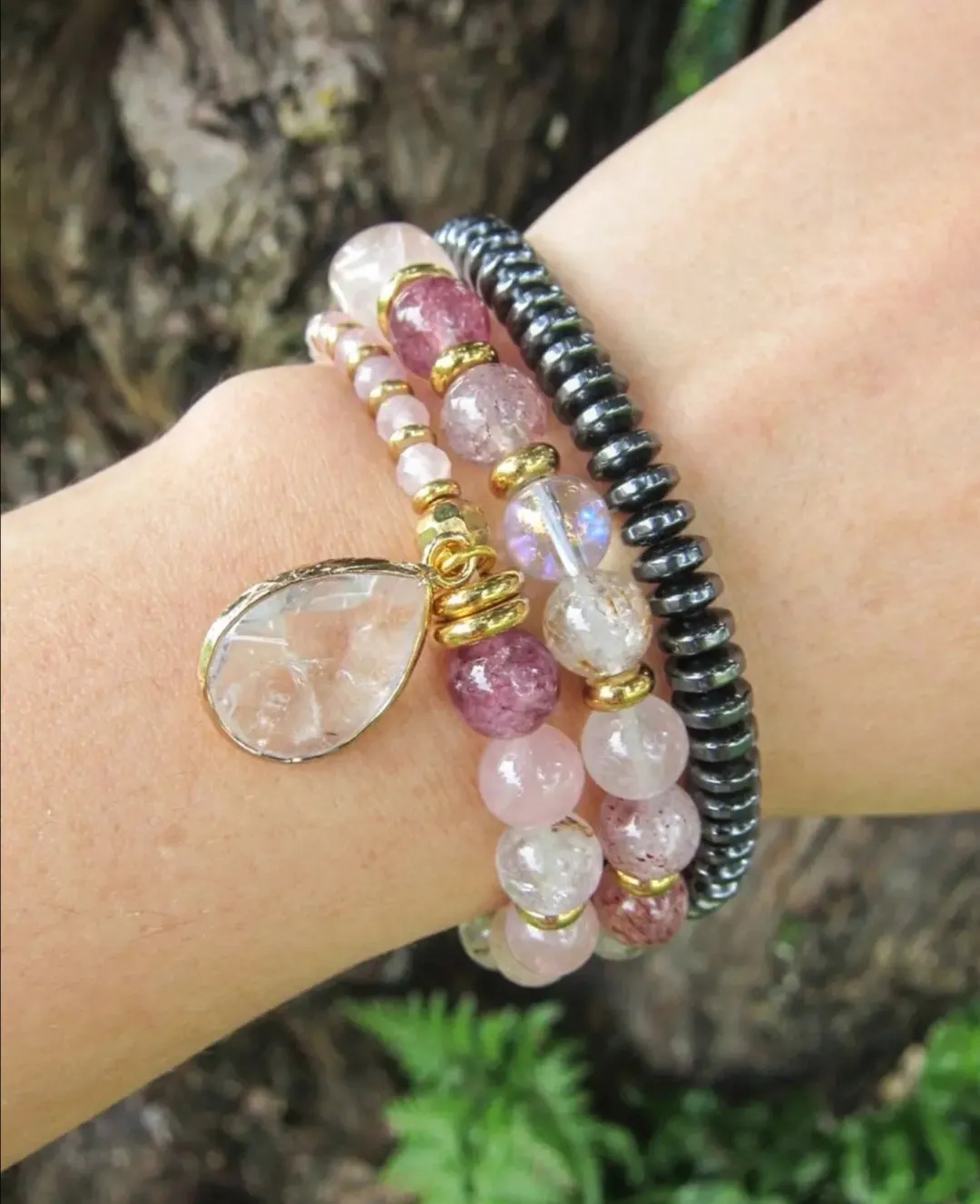 Rose Quartz - Love Mala Bracelet in clear Quartz Charm - Fertility Bracelet