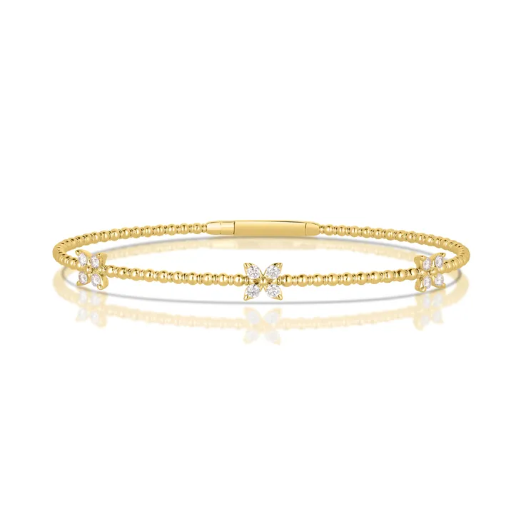 Sabel Collection Yellow Gold Beaded and Diamond Flower Bangle