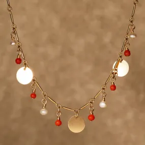 Semi precious coral and pearl hanging stones necklace