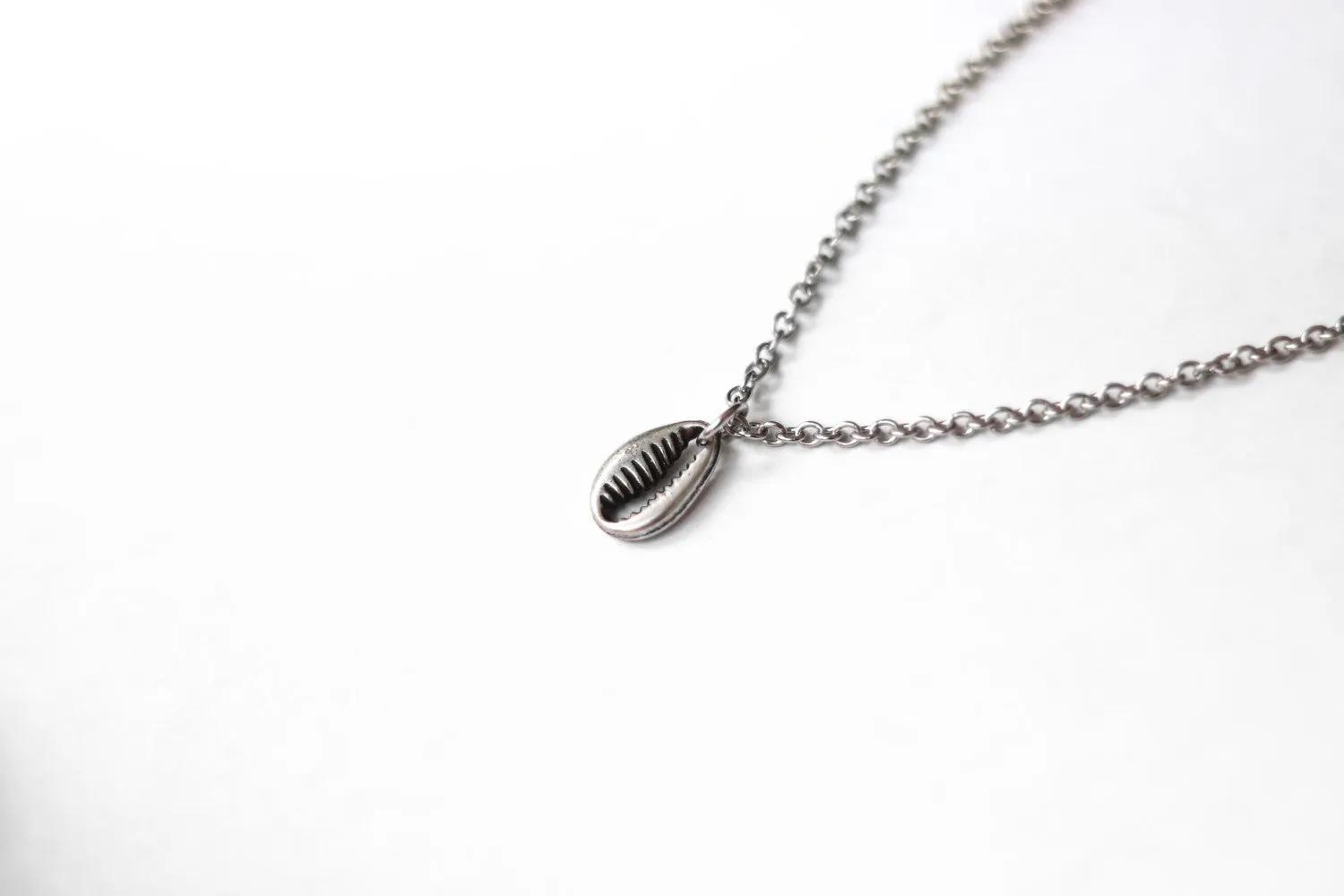 Silver cowrie necklace, small shell pendant, stainless steel chain necklace, bridesmaids gift for her, minimalist, Layering