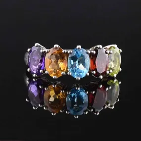 Silver Multi Gemstone Harlequin Dinner Ring, Sz 8.5