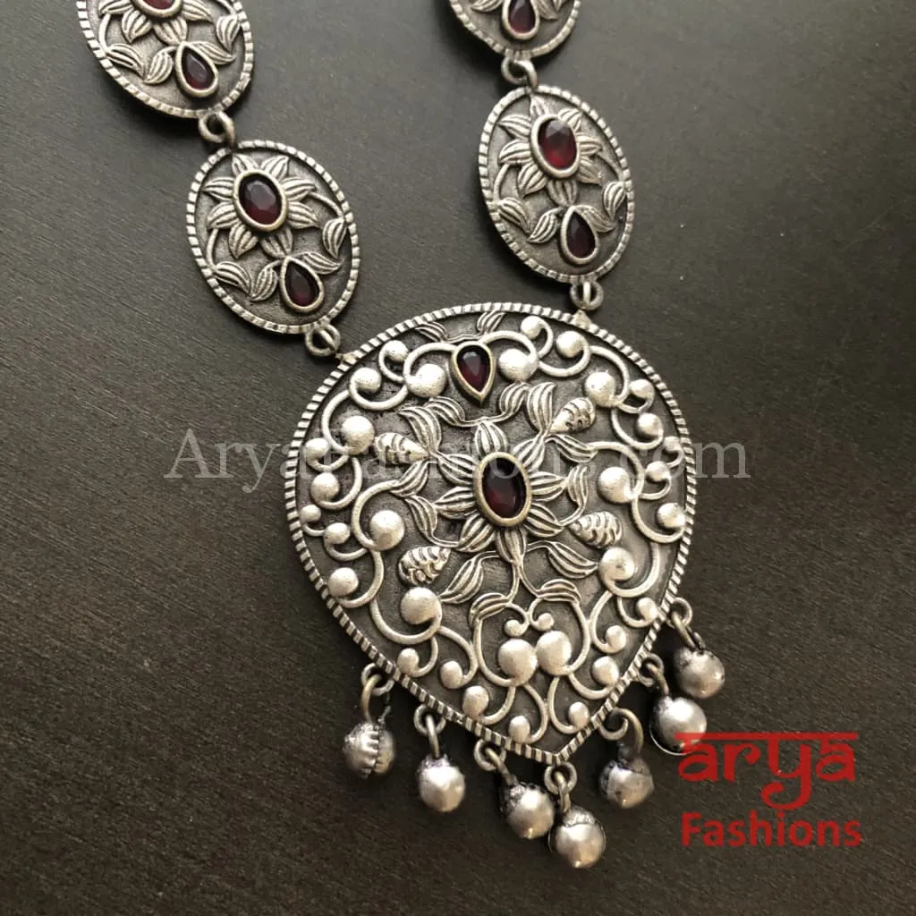 Silver Oxidized Long Tribal Necklace with Red Stones and Silver beads