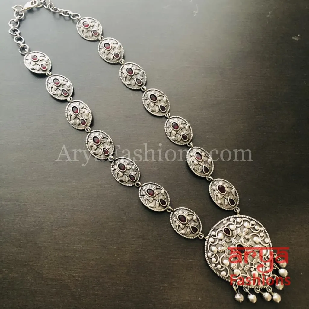 Silver Oxidized Long Tribal Necklace with Red Stones and Silver beads