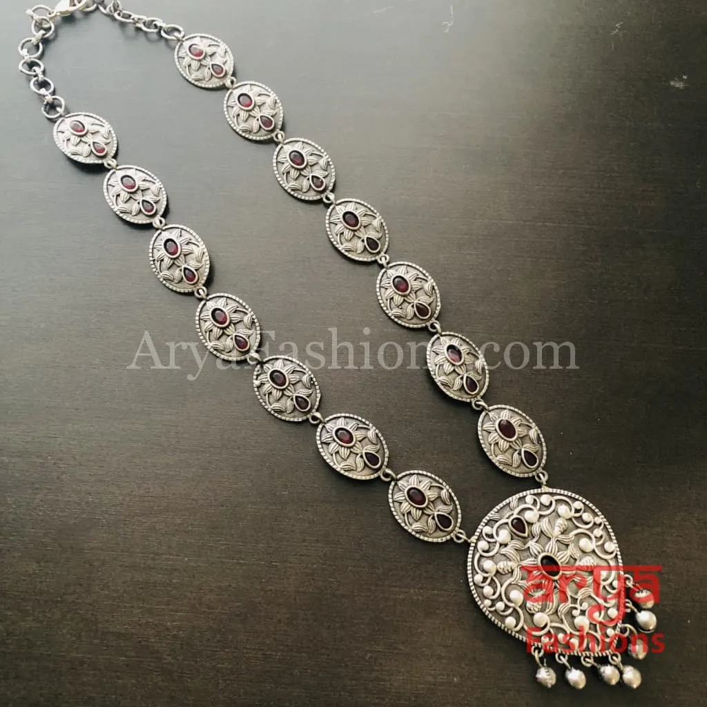 Silver Oxidized Long Tribal Necklace with Red Stones and Silver beads