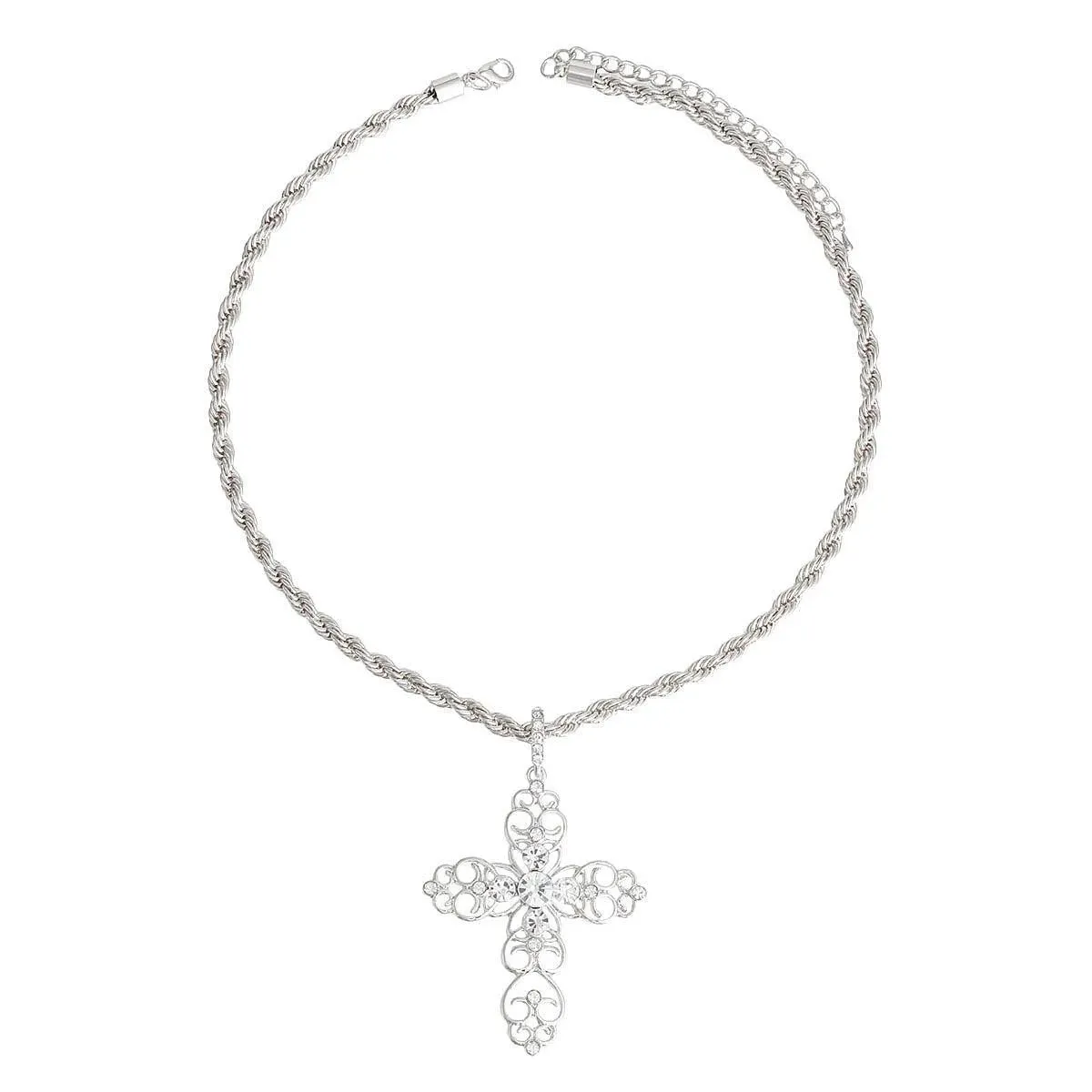 Silver Plated Filigree Cross Necklace Clear Rhinestones