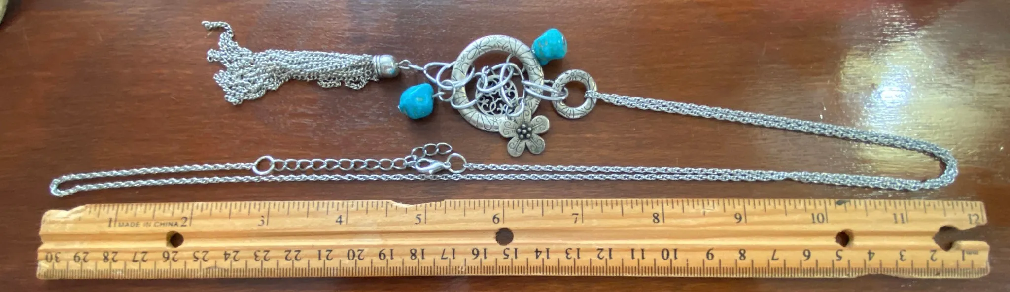 Silver Tone Metal Chain Link Faux Turquoise Pendant Tassel Necklace