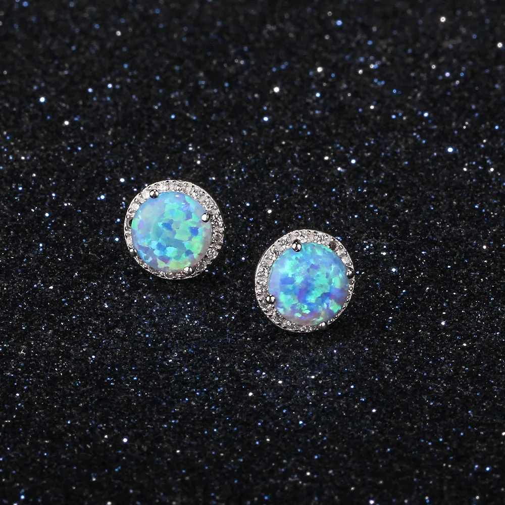 Single Blue Round Opal Zircon Soleste Halo Sterling Silver Stud Earrings