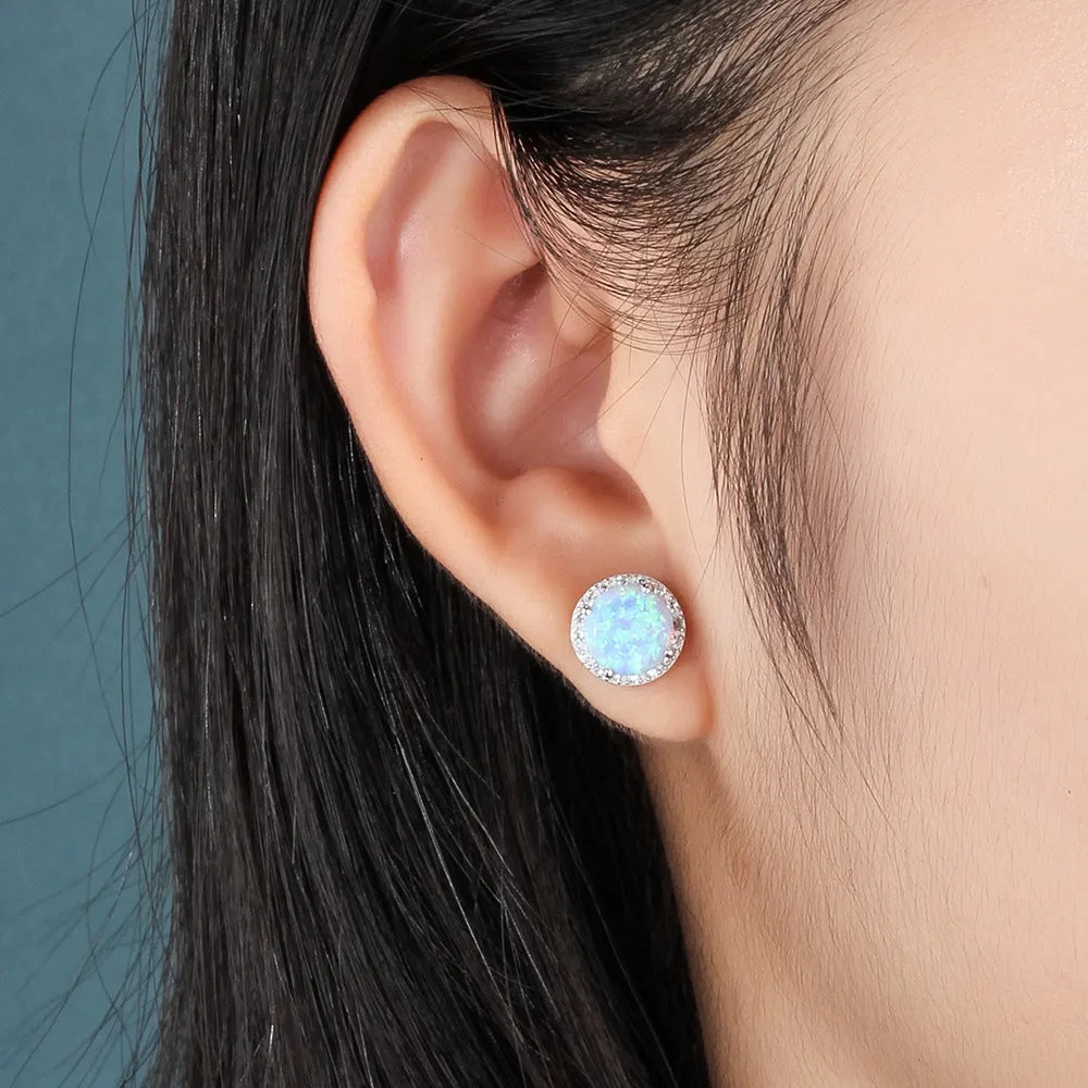 Single Blue Round Opal Zircon Soleste Halo Sterling Silver Stud Earrings