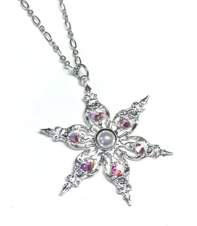 Snowflake Necklace - Crystal AB and Pearl - 30 inch chain