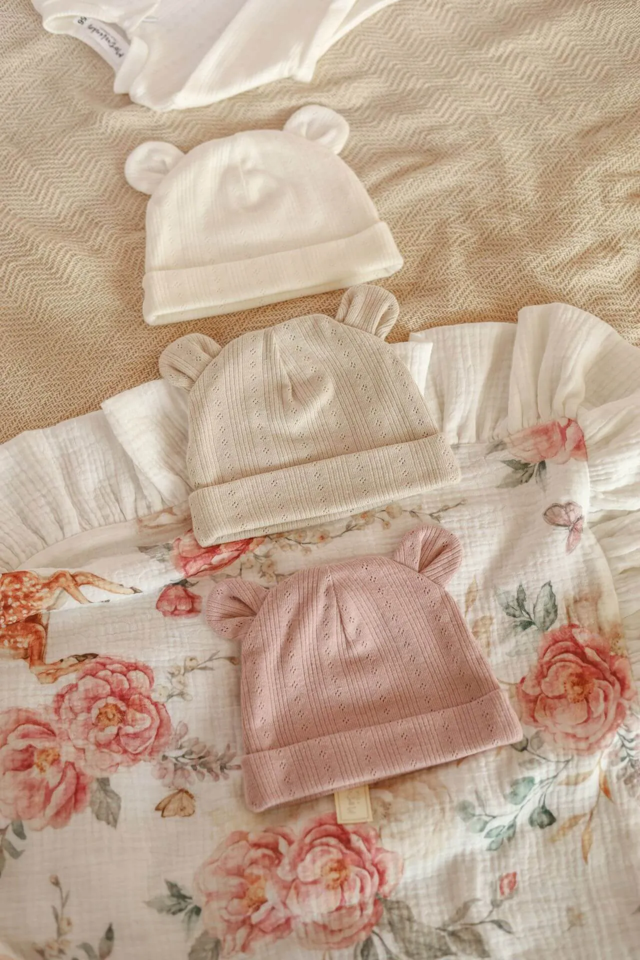 Soft Cotton Baby Hat with ears - Cream Openwork