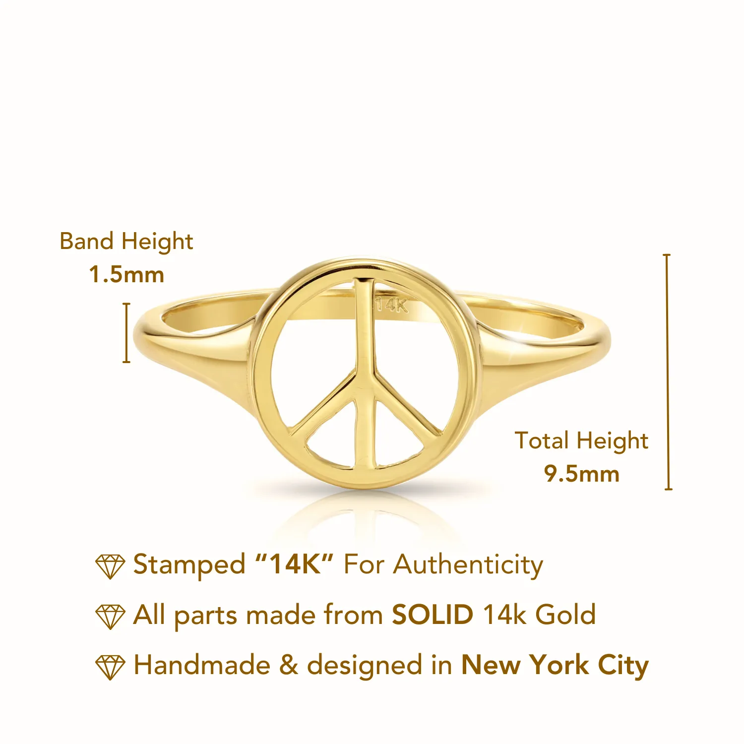 Solid 14k Gold Peace Sign Ring, 14k Yellow Gold Stackable Ring, Dainty Peace Sign Signet Design Ring