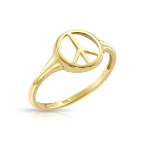 Solid 14k Gold Peace Sign Ring, 14k Yellow Gold Stackable Ring, Dainty Peace Sign Signet Design Ring