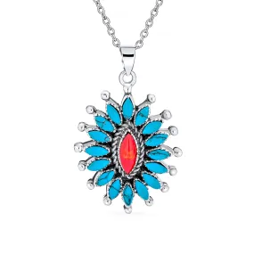 Southwestern Navajo Style Coral Turquoise Zuni Flower Pendant Necklace Silver