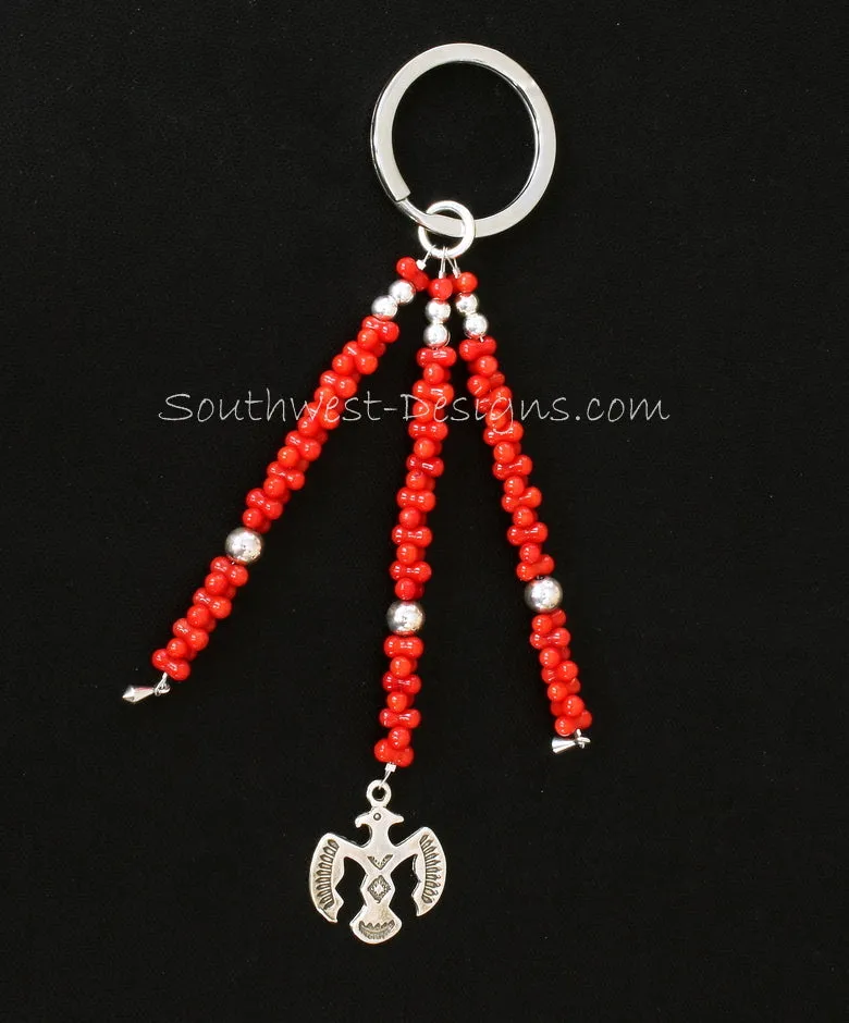 Stainless Steel Key Ring with 3 Strands of Bamboo Coral, Sterling Silver Thunderbird and Kite Charms, and Sterling Rounds