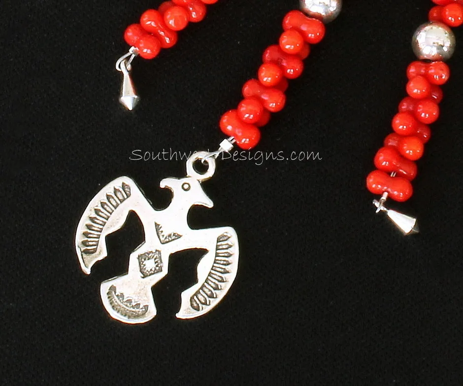 Stainless Steel Key Ring with 3 Strands of Bamboo Coral, Sterling Silver Thunderbird and Kite Charms, and Sterling Rounds